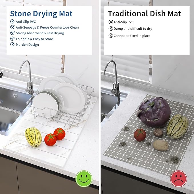 Hopegiver Stone Drying Mat for Kitchen Counter, 24" x 16" Quick Dry Diatomaceous Earth Dish Drying Mat, Super Absorbent, Non-Slip & Foldable, Modern Marble Countertop Mat (GoldenMarble,24''x16'')