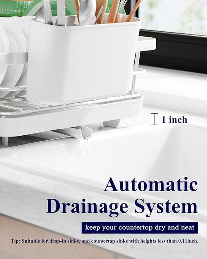 Kitsure Dish Drying Rack - Compact Dish Rack with Utensil Holder & Adjustable Water Outlet, Rust-Proof & Scratch-Resistant Drying Rack for Kitchen, 14.5" x 12.0" x 4.0", Sliver