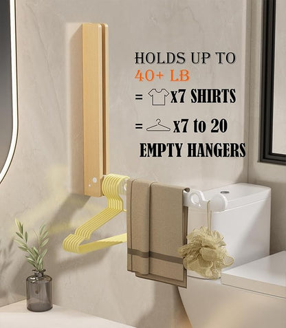 Natural Wood Folding Clothes Hanger Rack for Laundry Room, Wall Mounted Clothes Drying Rack, Laundry Drying Rack Foldable, Perfect for Small Spaces, Beech Wood White