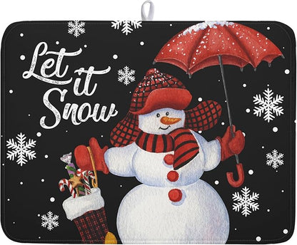 Black Snowman Dish Drying Mats for Kitchen Counter, Winter Snowflake Dish Mat Absorbent Reversible Microfiber Dish Drying Pad Christmas Kitchen Drying Mat Dish Drainer Rack Mats for Bar 18”x24”