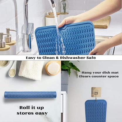 ZLR Silicone Dish Drying Mat & Heat Resistant Trivet (12" x 16") - Waterproof Counter Protector for Air Fryer, Coffee Maker - Non-Slip, BPA Free Kitchen Pad, Easy Clean Dishwasher Safe (Lichen Blue)