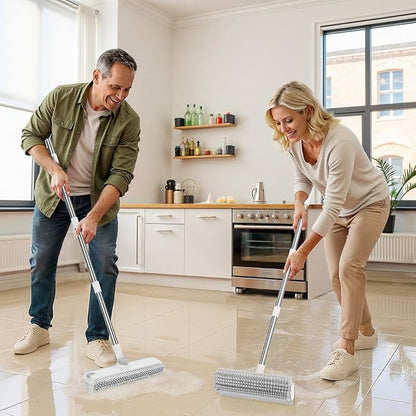 Floor Scrub Brush with Long Handle: 3 in 1 Heavy-Duty Floor Scrubber Brush with Squeegee for Cleaning Tile Bathroom Deck Kitchen Patio - White