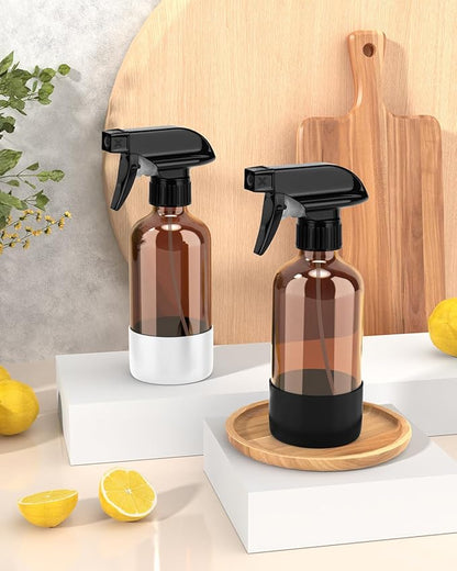 Bontip Glass Spray Bottle with Silicone Sleeve Protection, Amber Glass Spray Bottle Set for Window Cleaner Aromatherapy Facial Hydration Watering Flowers Hair Care 2 Pack/8 oz (Black & White)