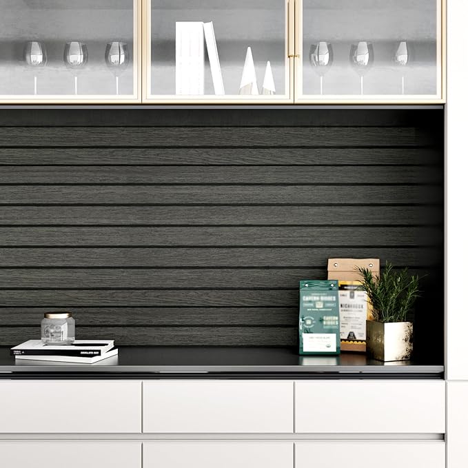 Wallercity Black/Grey Wood 3D Wall Panels Peel and Stick Faux Wooden Slat Wall Paneling Flexible Wood Panel Self Adhesive Foam Slat Acoustic Panels for Interior Walls Bedroom Living Room 11.7"x118"