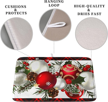 Christmas Red Buffalo Plaid Dish Drying Mat for Kitchen Counter 16x18 Inch Winter Xmas Ball Snowflake Pine Cones Dishes Drying Mat Microfibe Super Absorbent Dish Rack Pad for Coffee Bar Sinks