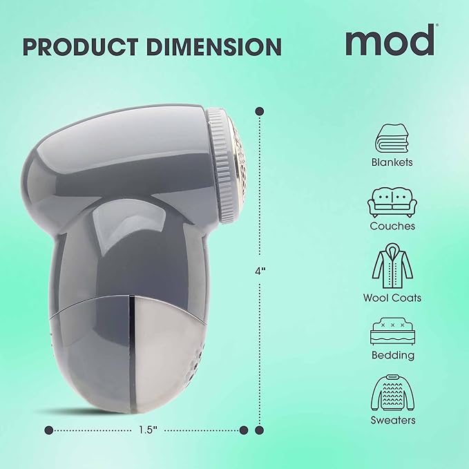 MOD 2 Pack Portable Fabric Shaver and Lint Remover, Reusable Pet Hair Remover, Roller for Clothes, Sweater Shaver, Couch, Blankets with Detachable Lint Collector Tank, Battery Operated, White/Gray