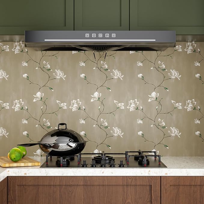 Laatse Floral Wallpaper Peel and Stick 17.5" x 393" Khaki Floral Contact Paper Vintage Self Adhesive Wallpaper Vinyl Waterproof Wall Paper for Bedroom Walls Cabinet Countertop Decor