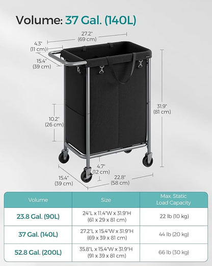 SONGMICS Laundry Basket with Wheels, 2-Section Rolling Laundry Hamper, 37 Gallons (140 L), Removable Liner, Steel Frame with Handle, 27.2 x 15.4 x 31.9 Inches, Ink Black URLS004B01
