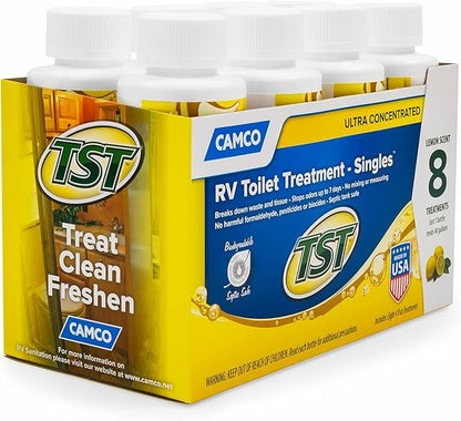 Camco TST MAX RV Toilet Treatment - Formaldehyde Free - Breaks Down Waste And Tissue - Septic Tank Safe - Treats up to 8-40 Gallon Holding Tanks -Lemon Scent, (8) 4 oz Bottles (41571)