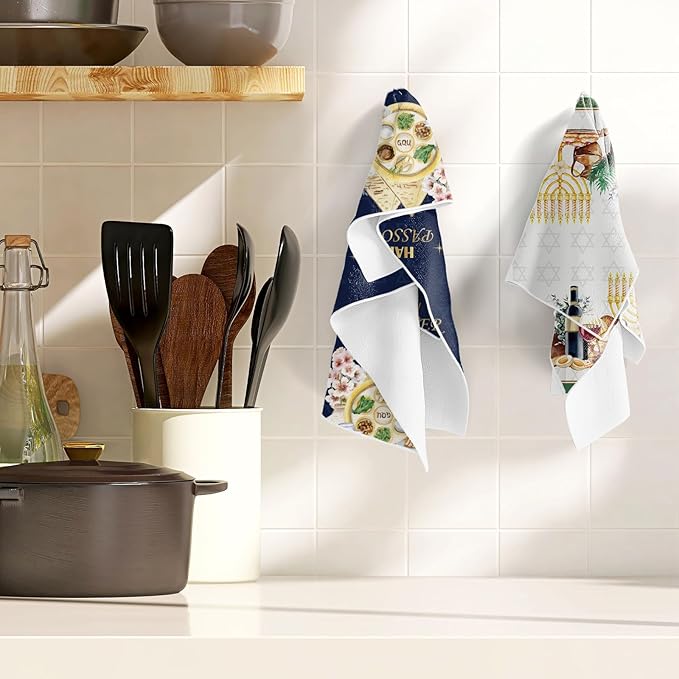 Happy Passover Kitchen Towels, Star of David Dish Towels Gifts for Cooking Cleaning Set of 6, Jewish Holiday Hand Towels with Hanging Loop for Bathroom Home Decor