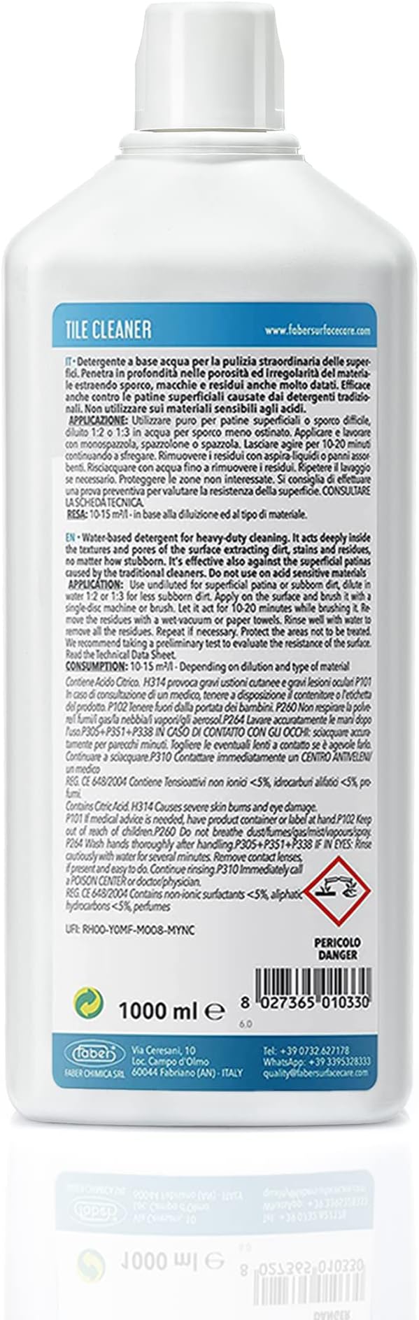 FABER Tile Cleaner - Heavy Duty Acidic Detergent for Deep Cleaning On Organic & Inorganic Dirt – Home and Commercial Remover for All Deep Stains and to Remove Residues from Other Cleaners, 1 Liter