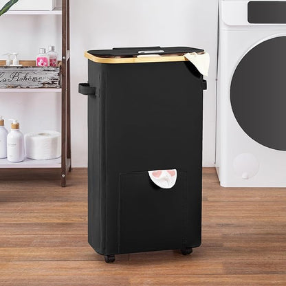 Laundry Basket with Wheels, Tall Dirty Clothes Hamper on Wheels, Rolling Laundry Hamper with lid for Dorm, Bedroom and Bathroom