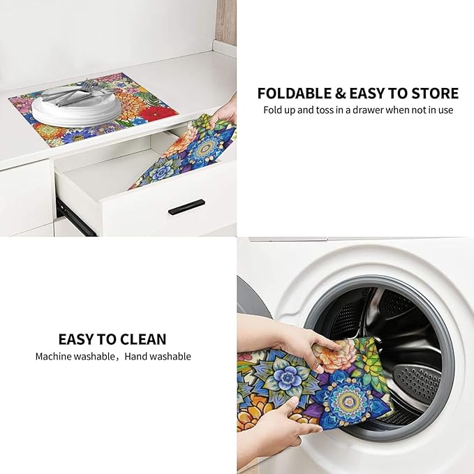 Boho Floral Dish Drying Mats for Kitchen Counter, Absorbent Microfiber Colorful Drying Pad for Dishes, Spring Easter Washable Decorative Kitchen Mat for Dining Area Sink, Home Decor, 16" x 18"