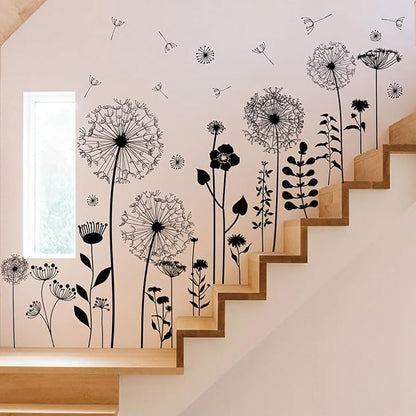 Black Dandelion Wall Decals Peel and Stick - Large Floral Wall Art Stickers with Flying Flowers, Boho Vintage Removable Vinyl Decor for Bedroom Living Room Nursery Bathroom