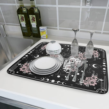 Skeleton Butterfly Dish Drying Mat Black Skull Absorbent Dish Drainer for Kitchen Counter Holiday Decor