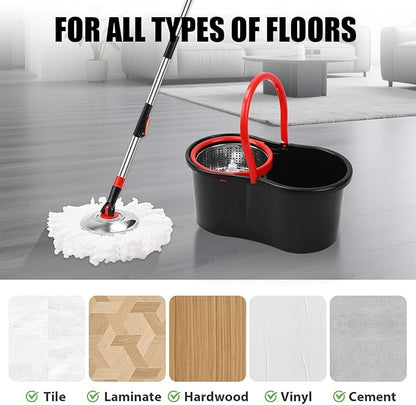 Spin Mop and Bucket with Wringer Set,360° Mop and Bucket System with 3 Microfiber Mop Refills and 50" Extended Handle for Floor Cleaning (Black)