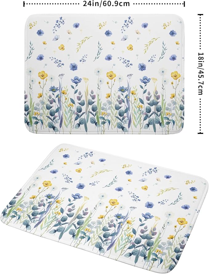 Floral Dish Drying Mat for Kitchen Counter 24x18 Inch Yellow Purple Flower Drying Mat with Absorbent Reversible Microfiber Season Spring Dish Drainer Mats Rack Pad for Coffee Countertop Protector