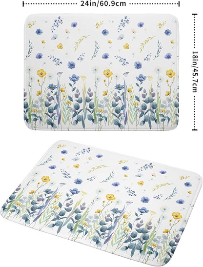 Floral Dish Drying Mat for Kitchen Counter 24x18 Inch Yellow Purple Flower Drying Mat with Absorbent Reversible Microfiber Season Spring Dish Drainer Mats Rack Pad for Coffee Countertop Protector