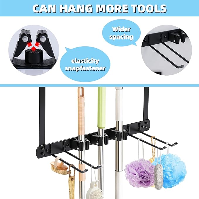 Broom Holder Door Mount,Door Mounted Broom and Mop Holder with Dual Tool Hooks, Three Slots, and One Tool Storage Basket For Laundry Room, Garage, Closet, warehouse, Kitchen Decor (black)
