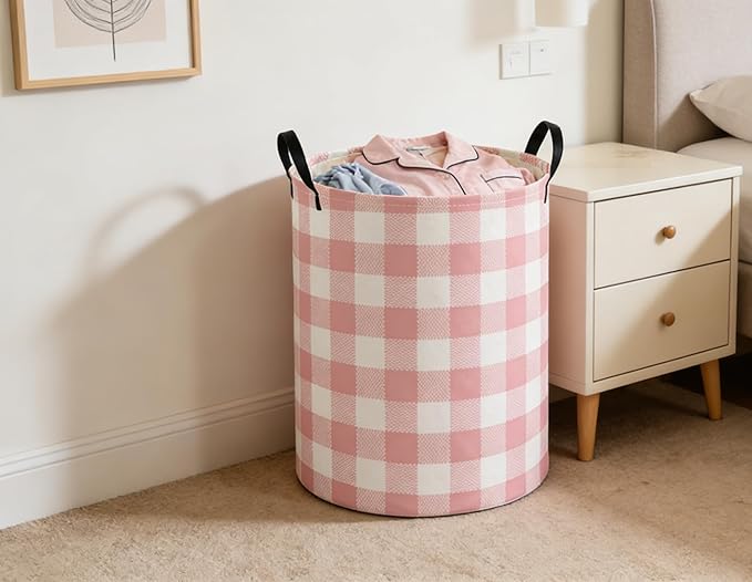 Kids Laundry Basket Pink Hamper for Nursery Girls Hamper Cute Kids Storage Bin Organizer Room Decor for Home(Pink Grid)