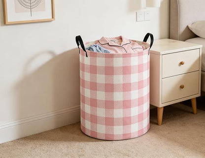 Kids Laundry Basket Pink Hamper for Nursery Girls Hamper Cute Kids Storage Bin Organizer Room Decor for Home(Pink Grid)