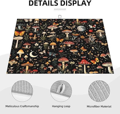 Black Forest Mushroom Butterfly Dish Drying Mats, Absorbent Microfiber Cute Decorative Kitchen Counter Mat, Washable, Reusable, Foldable for Dishes Utensils, Small Appliances, Home Decor, 18 x 24 inch