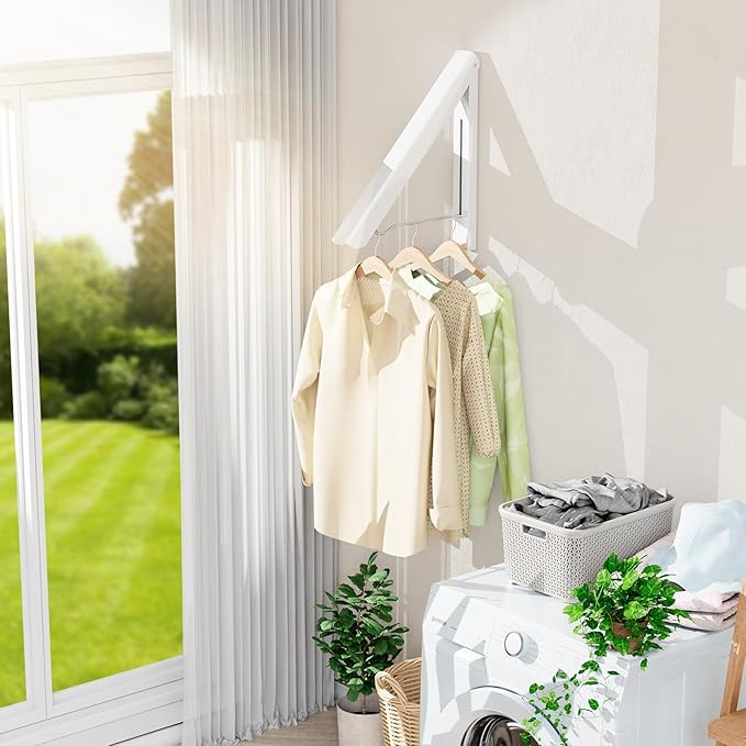 BAKON 2 Pack Clothes Drying Rack Foldable Collapsible, Folding Laundry Rack Wall Mounted Retractable Clothes Hanger for Laundry Room, Indoor & Outdoor Use, Easy Installation, Aluminum (White)