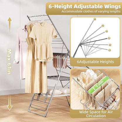 Clothes Drying Rack Foldable, 2-Tier Stainless Steel Heavy Duty Laundry Rack with Adjustable Height Wings, Sock Clips, Space Saving Drying Rack Clothing for Indoor & Outdoor, Apartment, Balcony