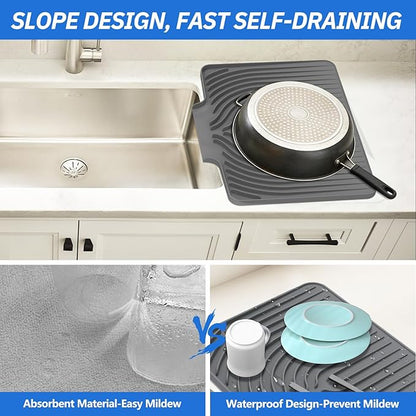 Dish Drying Mat for Kitchen Counter, with Built-in Drain Wide Lip, Food-Grade Silicone, Easy Clean Pad for Countertop Protection, Multi-Functional Use (18×12 Wide Lip, Grey)