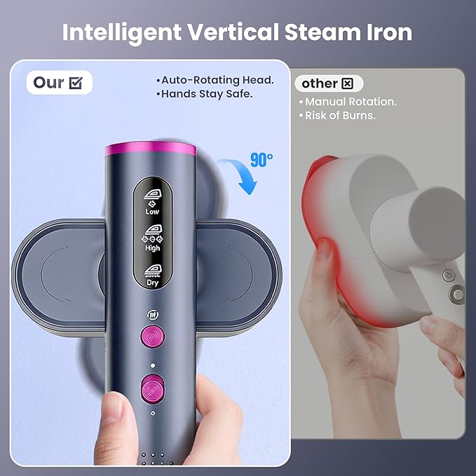 Steamer Clothes Clothing Handheld Garment - for Hand Held Steamers Travel Steam Genie Portable Curtain Vacuum Vertical Cloth，90° Automatic Rotation Function, 3 Gear Settings，Safety Protection System