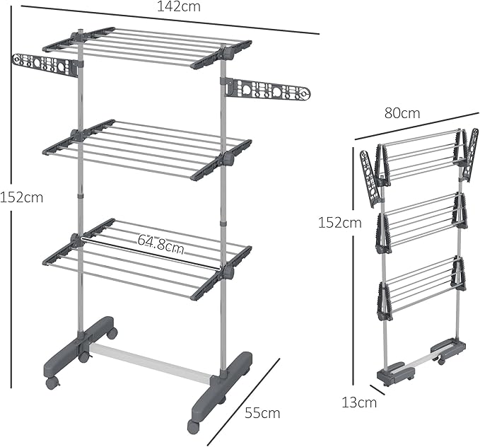 HOMCOM Folding Clothes Airer in Stainless Steel and Plastic, Space-Saving Vertical Drying Rack with 6 Wheels, Hooks and 3 Adjustable Shelves for Indoors, 142 x 55 x 152 cm, Silver Grey