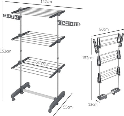 HOMCOM Folding Clothes Airer in Stainless Steel and Plastic, Space-Saving Vertical Drying Rack with 6 Wheels, Hooks and 3 Adjustable Shelves for Indoors, 142 x 55 x 152 cm, Silver Grey
