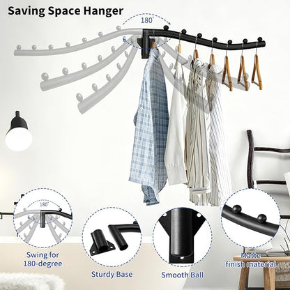2pcs Swing Clothes Hanger Rack,Wall Mounted Clothes Rack,Heavy Duty Folding Drying Rack,Space Saving Clothes Hanger Organizer for Bathroom,Bedroom,Laundry Room