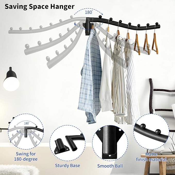 1pc Swing Clothes Hanger Rack, Wall Mounted Heavy Duty Folding Drying Rack, Space Saving Organizer for Bathroom, Bedroom, Laundry Room, Metal with Matte Black Finish