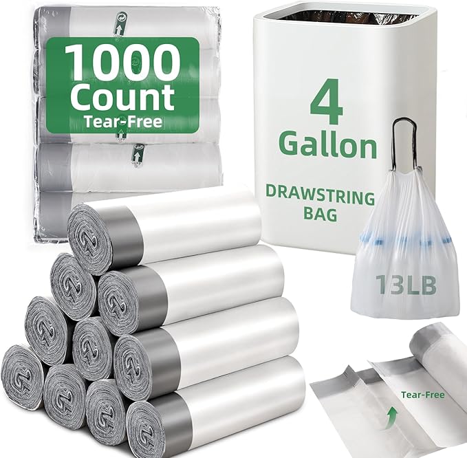 1000 Counts 4 Gallon Trash Bag Drawstring Small Trash Bags, Thick Pre-separated Garbage Bags, Trash Bin Liners, Suitable for bathroom, kitchen, bedroom, office (White)