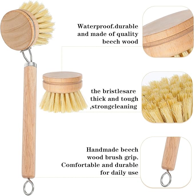 Bamboo Dish Brush with Handle, 10 Pcs Replacement Heads Wooden Kitchen Brush for Dishes, Vegetable Brushes Dish Scrubber for Cleaning Kitchen Room Vegetable Pots and Pans