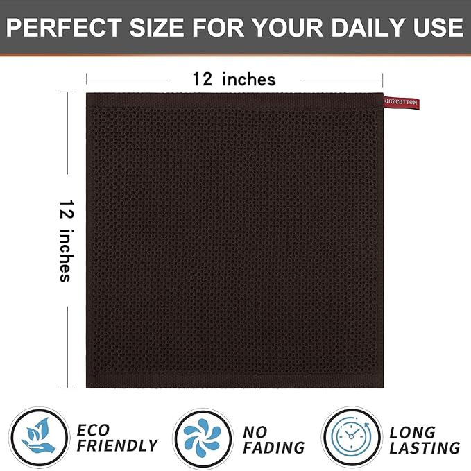 Kitinjoy 100% Cotton Kitchen Dish Cloths (12 X 12 Inches, Dark Brown), 8 Pack Waffle Weave Ultra Soft Absorbent Dish Towels for Drying Dishes Quick Drying Kitchen Towels Dish Rags