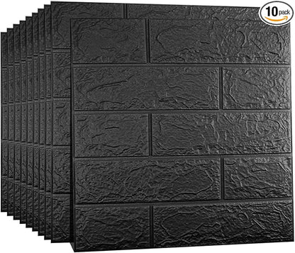 10 PCS Black 3D Wall Panels, 14.5 sq.feet Coverage, Printable Wallpaper Sticker with Self-Adhesive Waterproof Brick PE Foam Wall Panels Peel and Stick for Interior Wall Decor, Home Decoration
