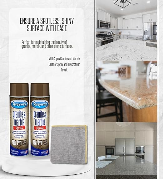 2x Sprayway Granite and Marble Cleaner 19 oz Spray Bundle with Microfiber Cloth – Cleans and Polishes Natural Stone Surfaces – Granite Countertop Cleaner – Gift Set (3 Items)
