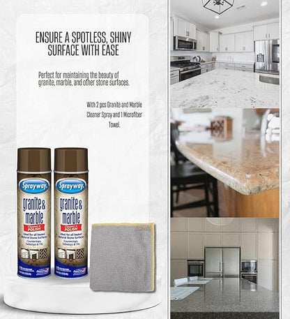 2x Sprayway Granite and Marble Cleaner 19 oz Spray Bundle with Microfiber Cloth – Cleans and Polishes Natural Stone Surfaces – Granite Countertop Cleaner – Gift Set (3 Items)