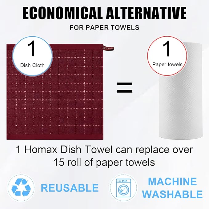 Homaxy 100% Cotton Terry Kitchen Dish Cloths, Ultra Soft and Absorbent Dish Towels for Kitchen, Suitable for Drying and Washing Dishes, 12 Pack, 12 x 12 Inches, Brick Red