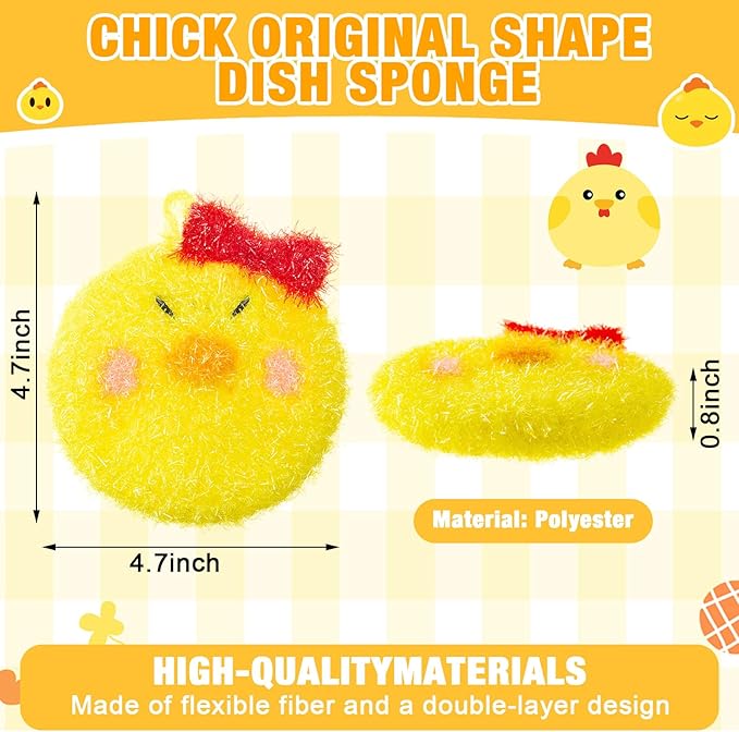 Breling 6 Pieces Chick Shape Dish Sponge Dual Sided Non Scratch Dish Washing Scrubbers, Reusable Household Cleaning Kitchen Tools for Dishwashing Washing Dishes Cookware