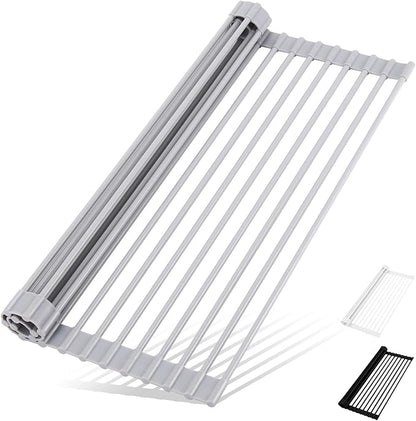 HANZENMA Roll Up Dish Drying Rack Over The Sink Kitchen Roll Up Sink Drying Rack Multipurpose Foldable Sink Drying Mat, Heat-Resistant, Anti-Slip & Anti-Rust Dish Rack for Kitchen, 20.5" x 13", Grey