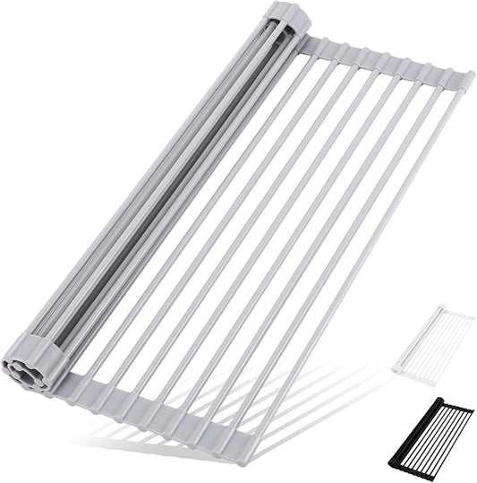 HANZENMA Roll Up Dish Drying Rack Over The Sink Kitchen Roll Up Sink Drying Rack Multipurpose Foldable Sink Drying Mat, Heat-Resistant, Anti-Slip & Anti-Rust Dish Rack for Kitchen, 20.5" x 13", Grey