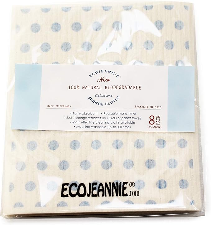 Wholesale EcoJeannie Eco-Friendly German Cleaning Cloth 100% Biodegradable Cellulose Sponge Cloths, Kitchen Cloths, GMO-Free, Reusable - Made in Germany Packaged in P.R.C. (8 Pack)