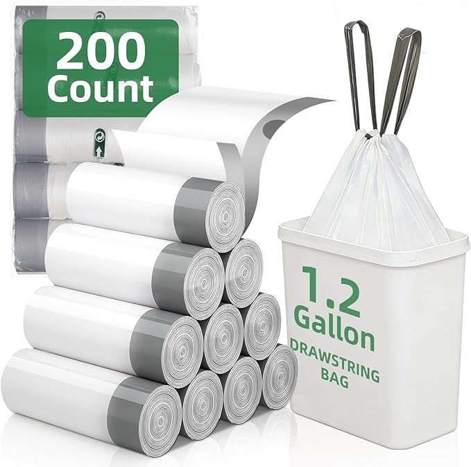 200 Counts 1.2 Gallon Trash Bag Drawstring Small Trash Bags, Thick Pre-separated Garbage Bags, Trash Bin Liners, Suitable for bathroom, kitchen, bedroom, office (White)
