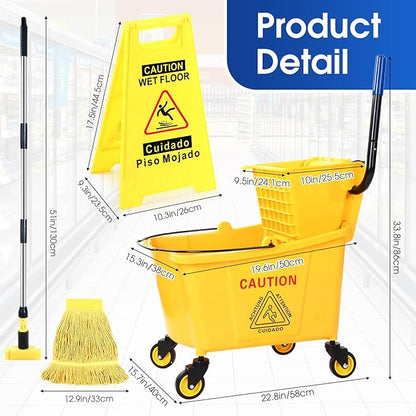 Maxdot 35 Quart Commercial Mop Bucket with Side Press Wringer on Wheels Yellow Industrial Mop and Bucket Set with Caution Sign for Floor Cleaning