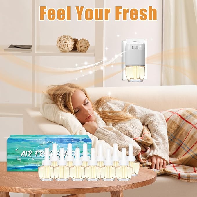 Plug In Air Freshener Refills Starter Kit – 12 Pack Wall Plug In Refills with 1 Adjustable Warmer, Jasmine, Hawaiian, Cotton Scents, Odor Eliminator for Home, Bathroom, Room, House
