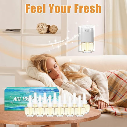 Plug In Air Freshener Refills Starter Kit – 12 Pack Wall Plug In Refills with 1 Adjustable Warmer, Jasmine, Hawaiian, Cotton Scents, Odor Eliminator for Home, Bathroom, Room, House