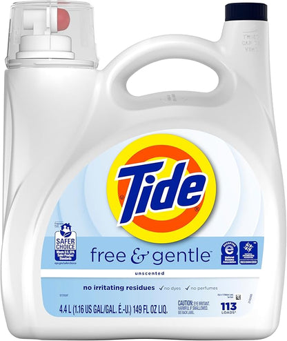 Tide Free & Gentle Liquid Laundry Detergent, 113 Loads, 149 fl oz, Tide Laundry Detergent, Clean Laundry Detergent, Free of Dyes and Perfumes, Hypoallergenic Formula Gentle On Sensitive Skin